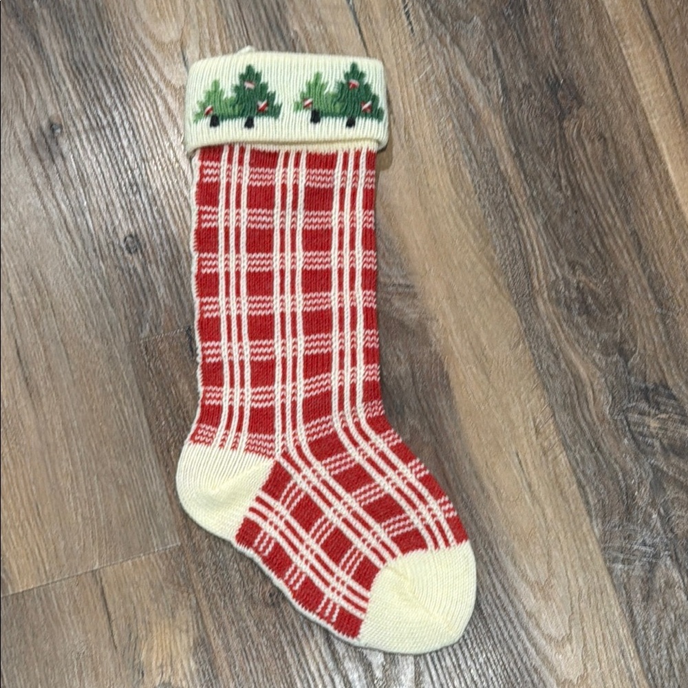 VTG 1990’s Handmade Christmas Tree 19” Stocking Holiday Striped Wool Red trees